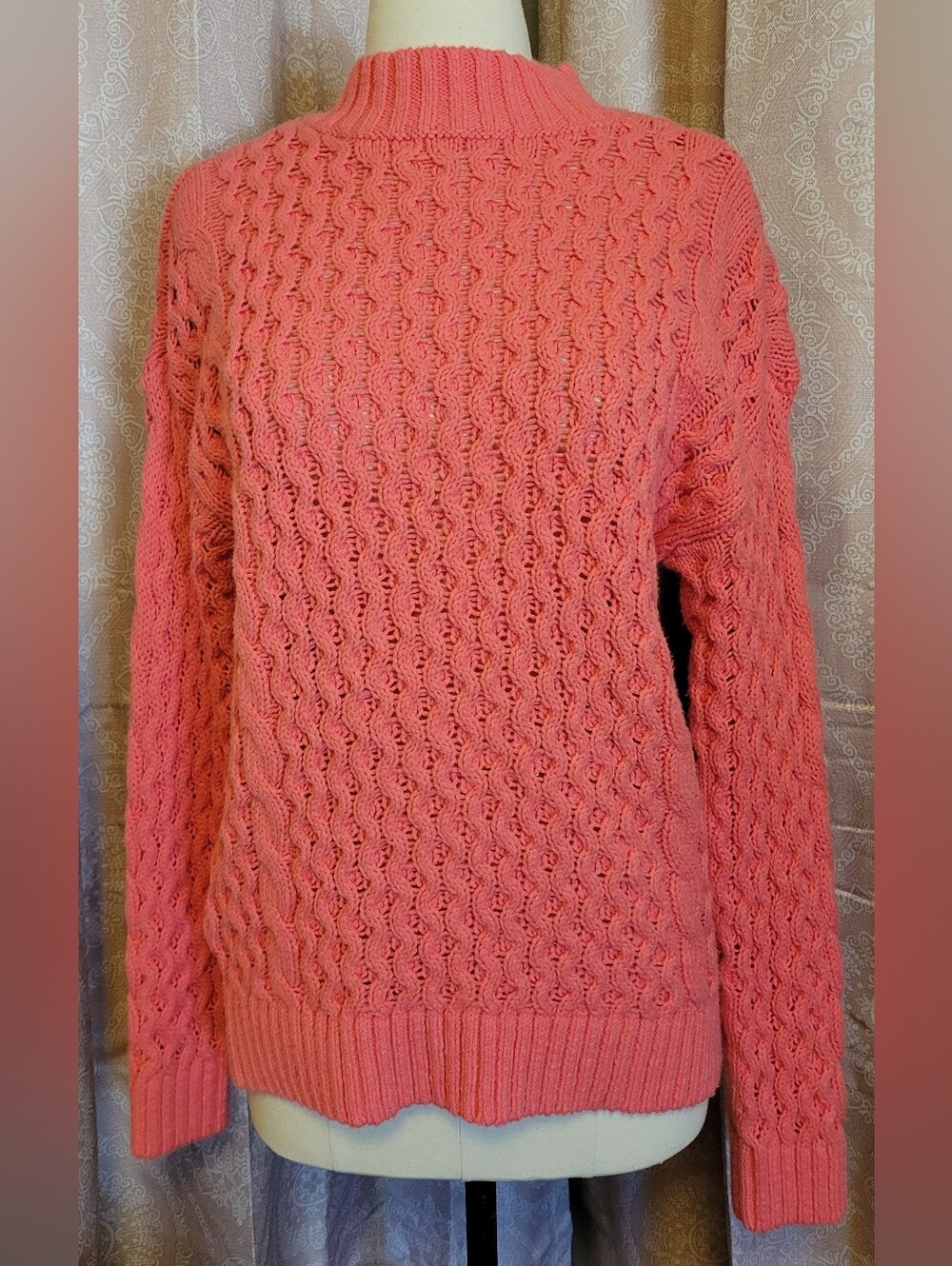 ANN TAYLOR Coral Pink Cable-Knit Crewneck Sweater S NWT